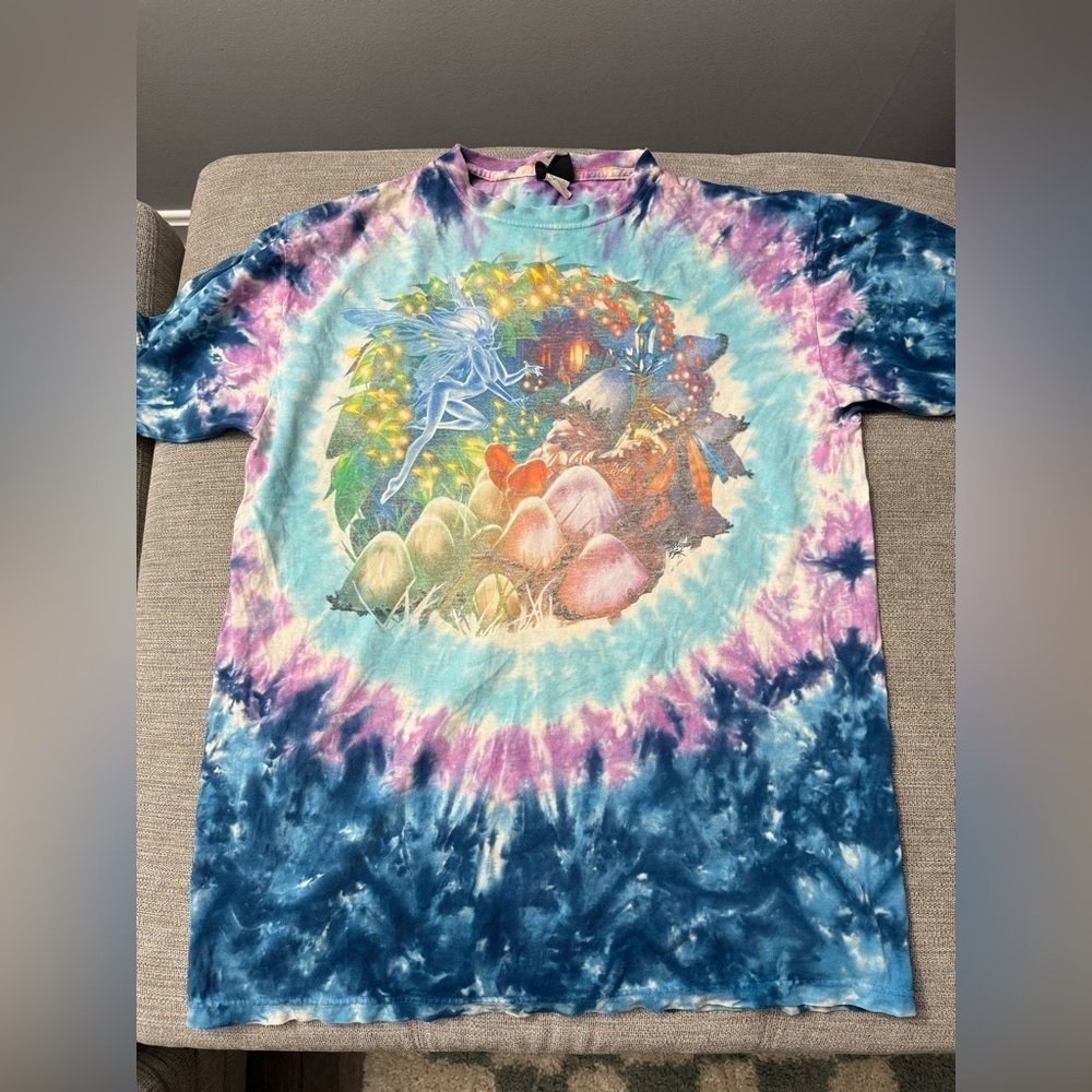 VTG 1999 Y2K Fairy Fantasy Mushroom Liquid Blue Size L T-Shirt Tie Dye Hippie